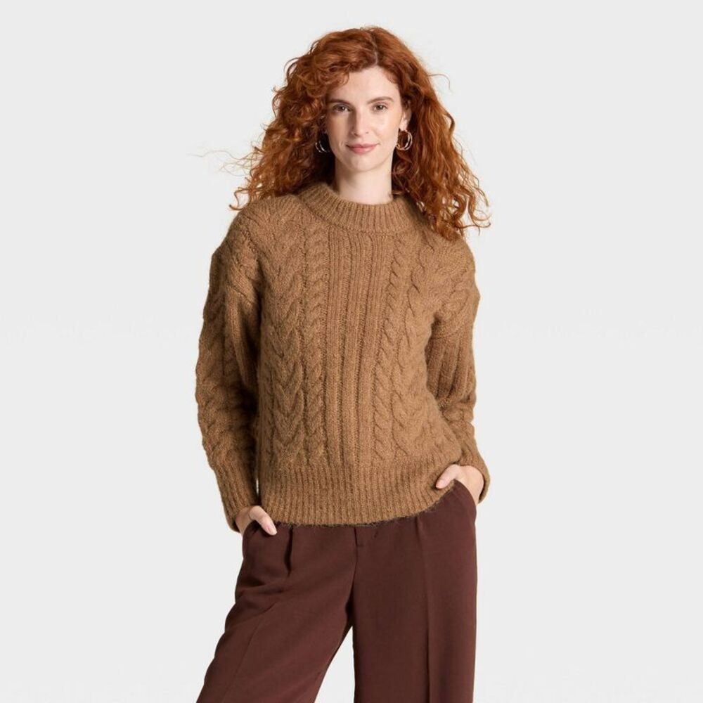 Women's Cabled Sweater - A New Day Heather Brown XS